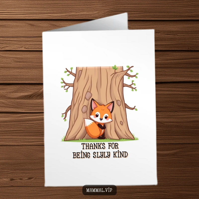 Funny Free Printable Thank You Card: A curious fox kit peeking from behind a tree to say thank you.