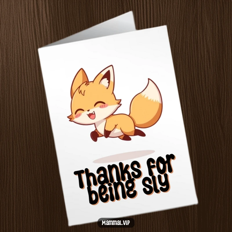 Funny free printable thank you card featuring a playful fox character chasing its own tail, a lighthearted thank you.