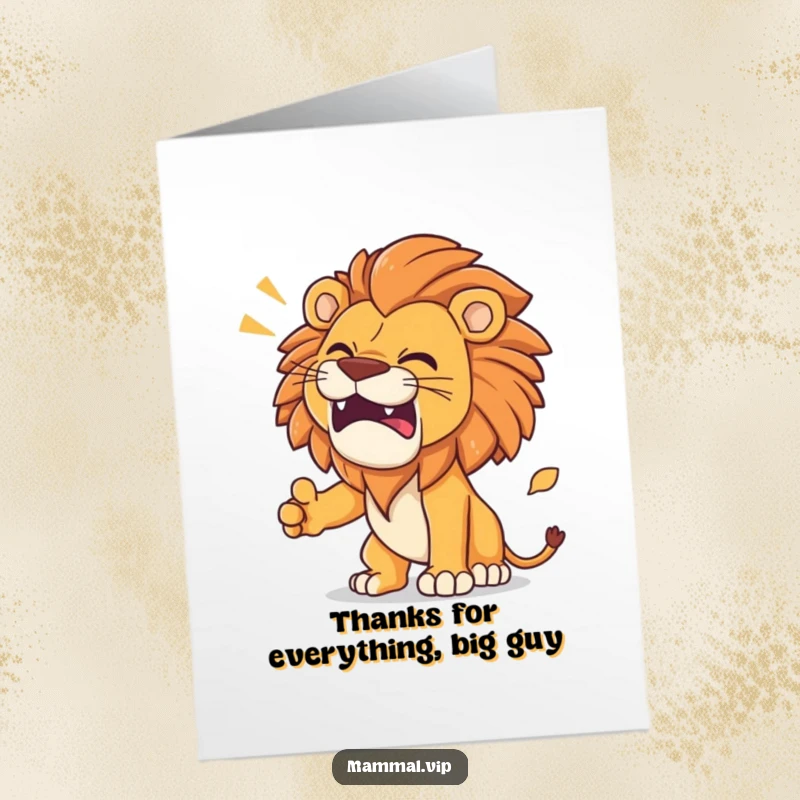 Funny Free Printable Thank You Card: A determined lion practicing a majestic roar with funny effects, conveying a powerful thank you.