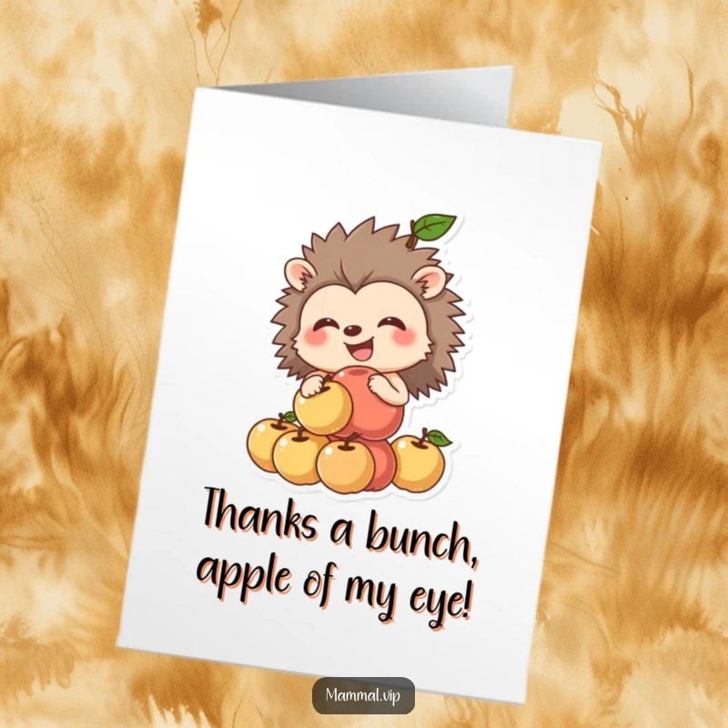 Funny Free Printable Thank You Card: A grinning hedgehog carefully balancing a tower of apples, showing gratitude with a smile.