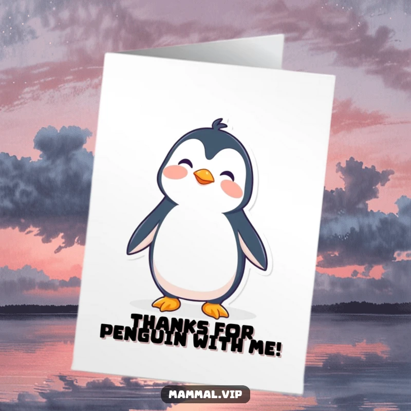 Funny Free Printable Thank You Card: A wobbly penguin character making a valiant, albeit unstable, attempt to stand, expressing thanks.