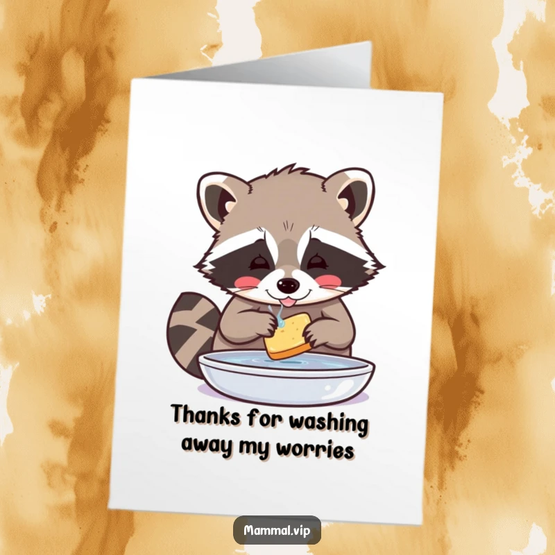 Funny free printable thank you card of a playful raccoon carefully washing a tiny piece of food with dedicated precision.