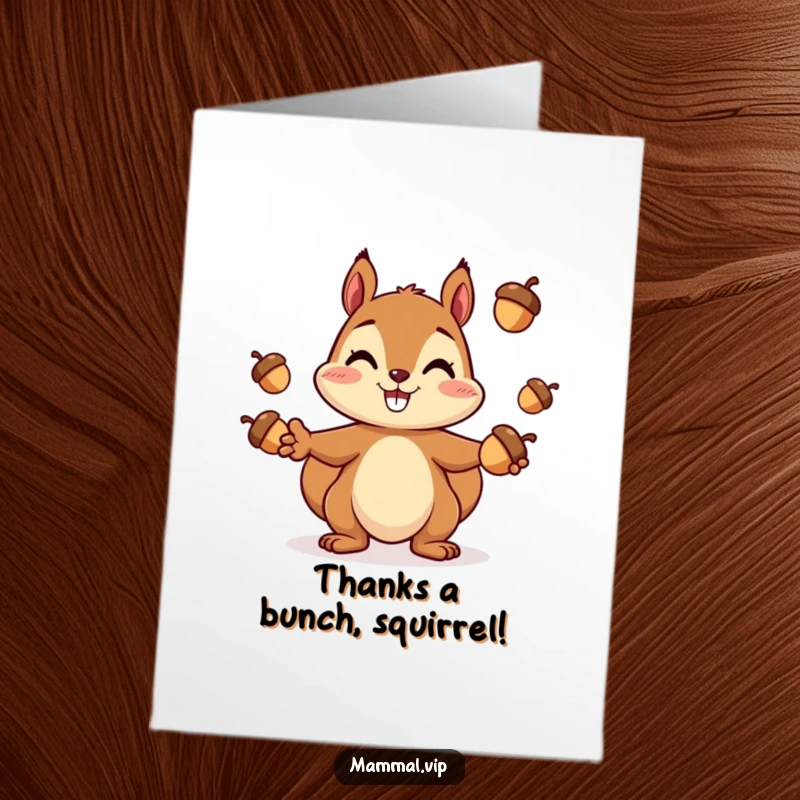 Funny Free Printable Thank You Card: A cheerful squirrel character smiling broadly while juggling three acorns with ease.