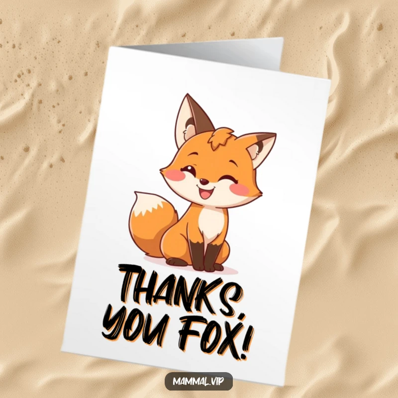 Grinning Free Printable Thank You Card: A cute fox character with a wide grin wiggles its bushy tail to show thanks.