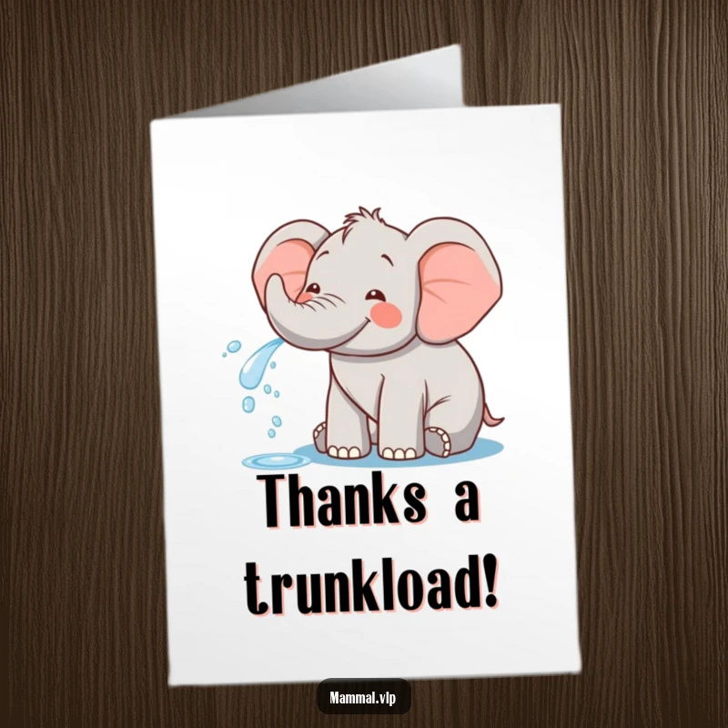 Funny Free Printable Thank You Card: A happy elephant sprays water playfully, conveying heartfelt thanks.