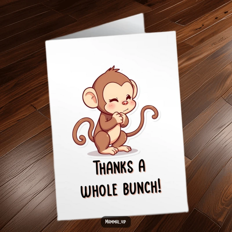 Funny free printable thank you card: a playful monkey tugs its own tail, showing quirky gratitude.