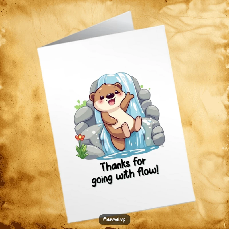 Free Printable Thank You Card: Playful otter character sliding down a waterfall with glee, a fun way to say thank you.