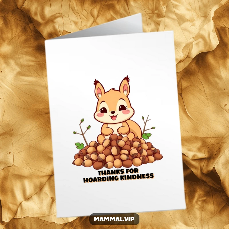 Funny Free Printable Thank You Card: A smiling squirrel offering a generous pile of acorns, expressing sincere gratitude.