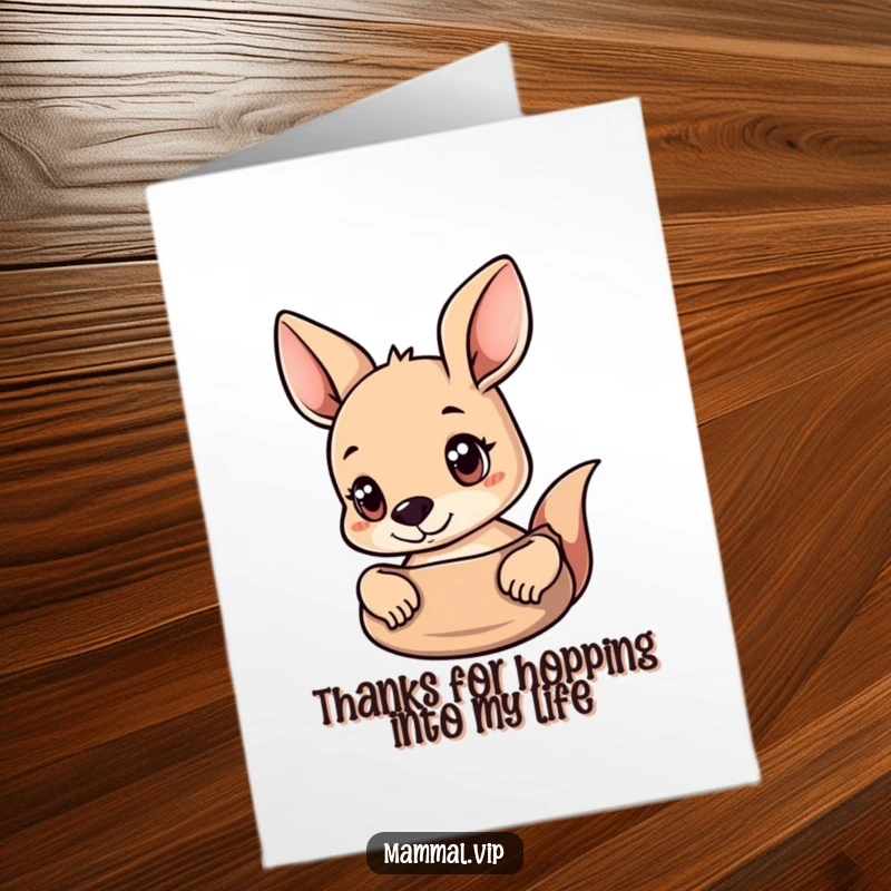Funny Free Printable Thank You Card: A curious kangaroo peeking with wide eyes from its pouch, conveying thanks in a unique and endearing way.