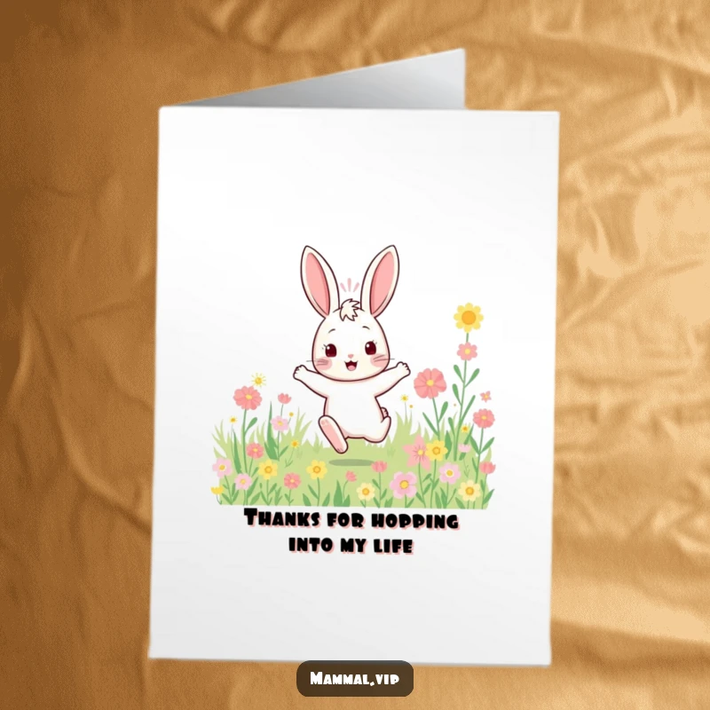 Funny Free Printable Thank You Card: A bouncy rabbit character hopping through flowers to express thanks.