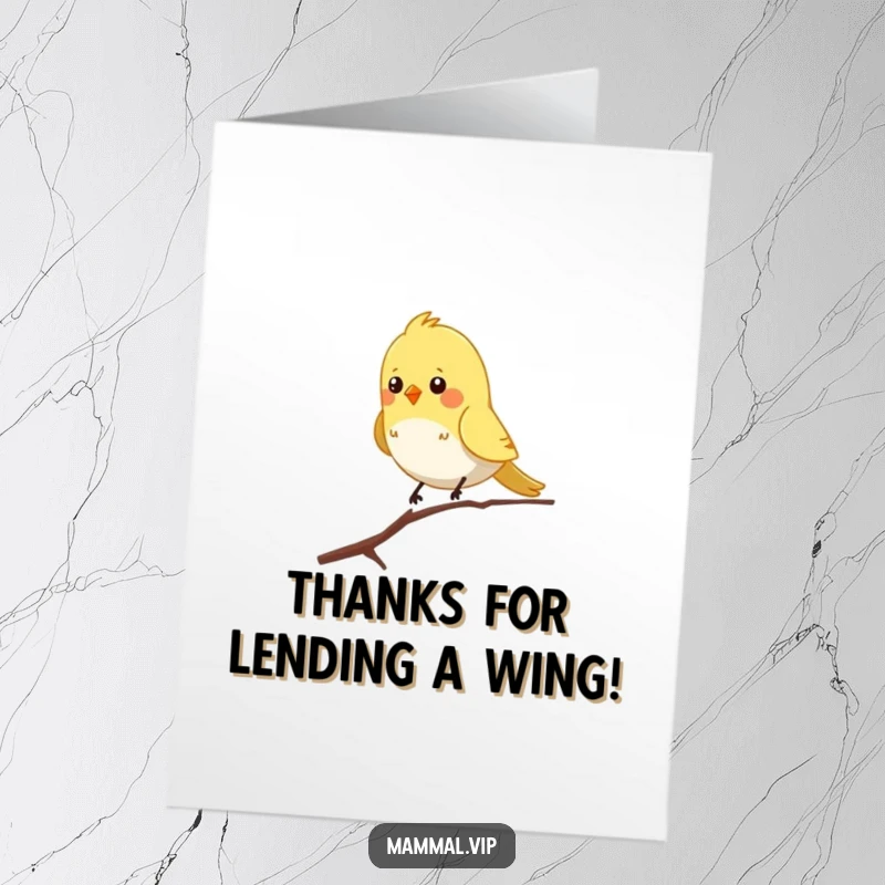Funny Free Printable Thank You Card: A chirpy bird character delicately balancing on a thin branch, conveying thanks for steady support.