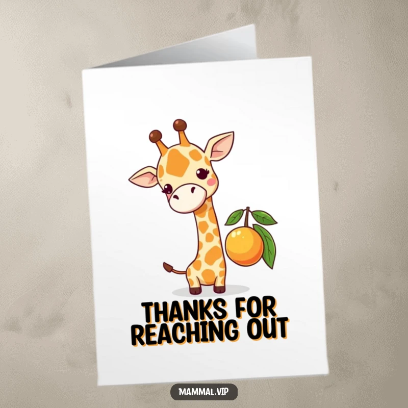 Free Printable Thank You Card: Cute giraffe with a determined expression tries to grab a low piece of fruit.