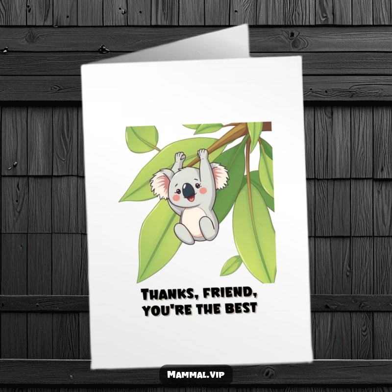 Funny Free Printable Thank You Card, a cheerful koala hanging upside down from a large eucalyptus leaf, expressing sincere thanks.