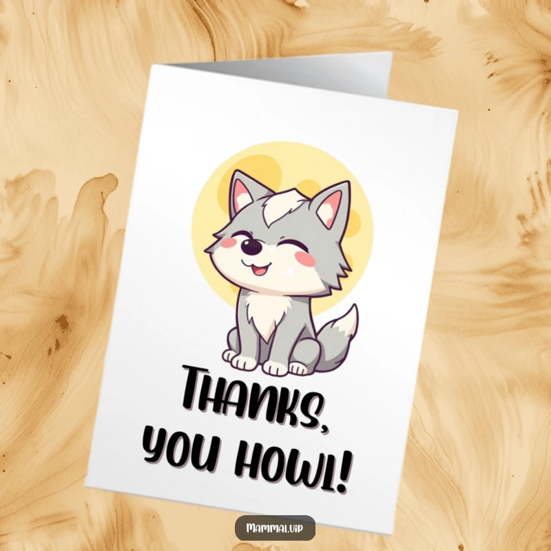Funny Free Printable Thank You Card: A winking wolf serenades the full moon with a happy howl.