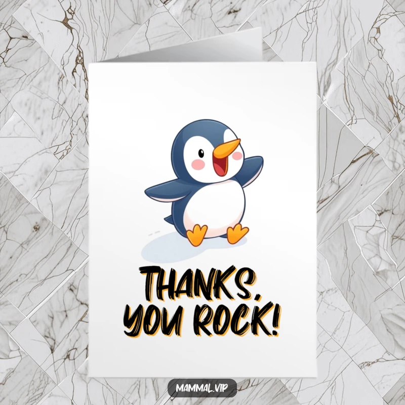 Funny Free Printable Thank You Card: Playful penguin waddling down a snowy slope, sending thanks. A cool gesture.