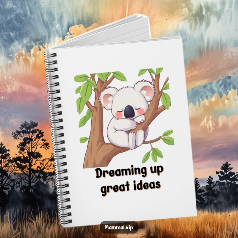 Funny Notebook with a content koala character peacefully snoozing on a tree branch, designed for jotting down notes with a spirit of peace and relaxation.