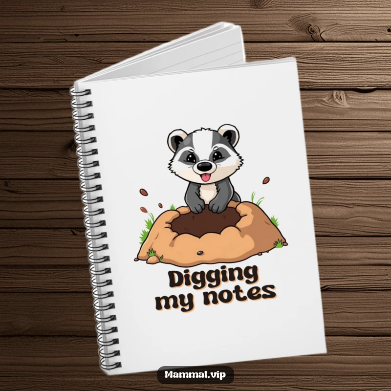 Funny notebook cover featuring a determined badger character digging a large hole, perfect for jotting down plans or motivational quotes.