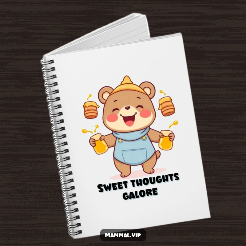Funny joyful bear character juggling honey pots, featured on a notebook cover, a humorous animal and journaling gift.
