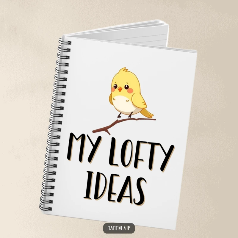 Funny notebook with a chirpy bird character balancing on a single skinny branch, ideal for notes and cheerful reflections.