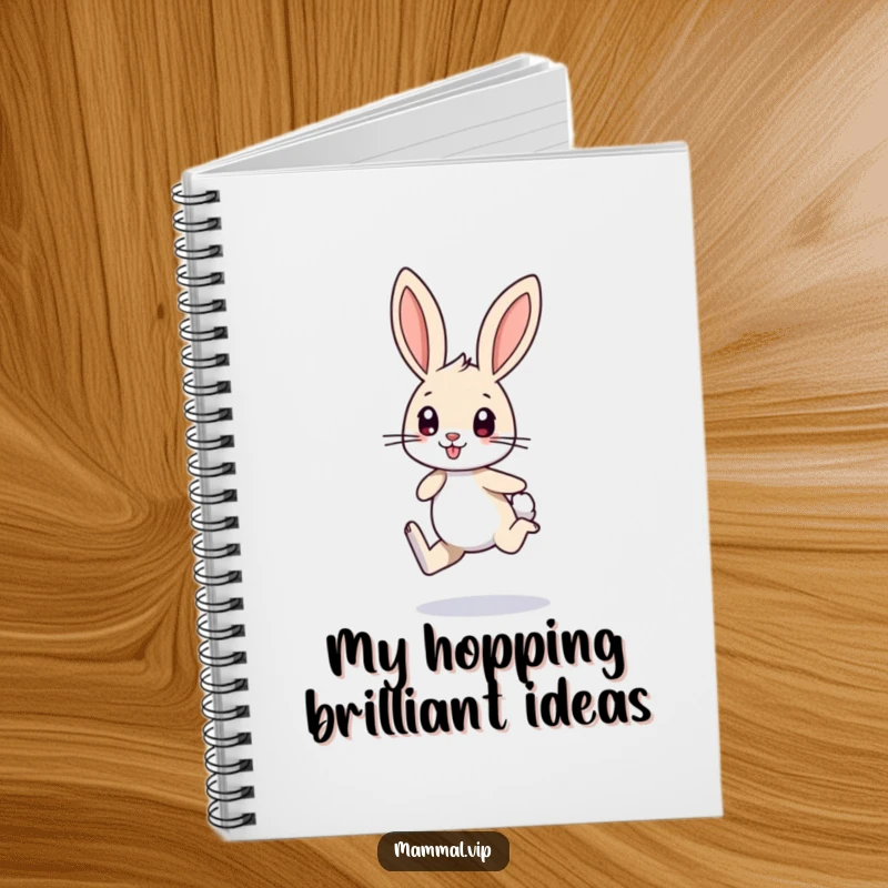 Funny notebook featuring a small bunny character with long ears, excitedly hopping on one leg, perfect for jotting down playful ideas.