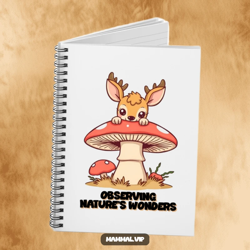 Funny deer notebook cover with a curious deer peeking over a stylized mushroom, symbolizing funny exploration and note-taking.