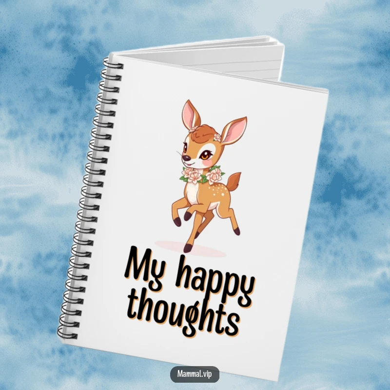 Funny deer fawn with a flower garland, on a notebook cover. A joyful and funny gift.