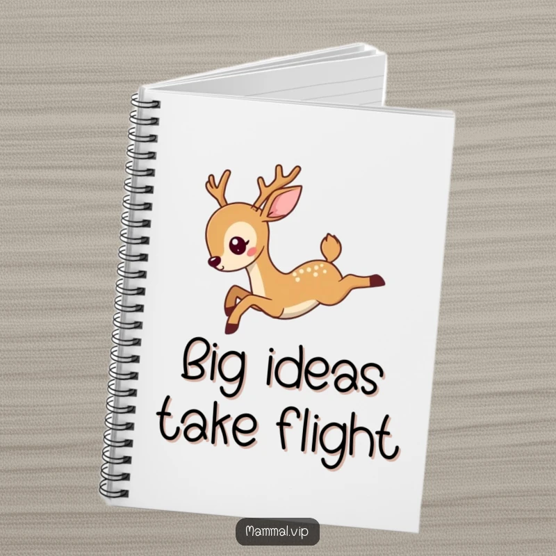 Funny deer notebook showing a graceful deer character leaping, inspiring elegant thoughts and humorous ideas for all your writing needs.