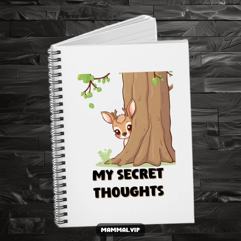 Funny deer illustration peeking from behind a tree, a humorous notebook for nature lovers.