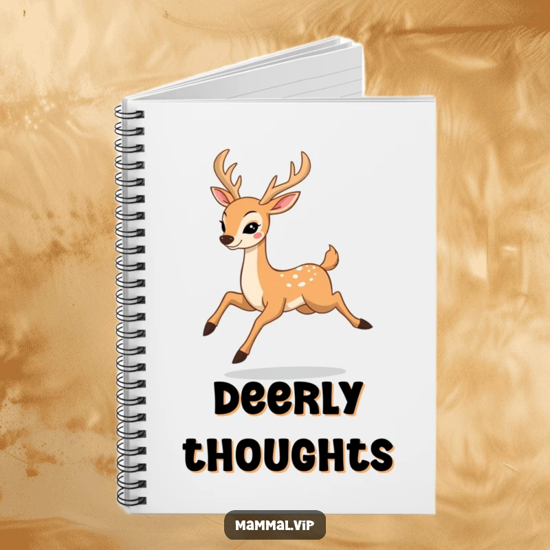 Funny notebook cover featuring a happy deer character prancing with elegant leaps, perfect for jotting down notes or creative writing.