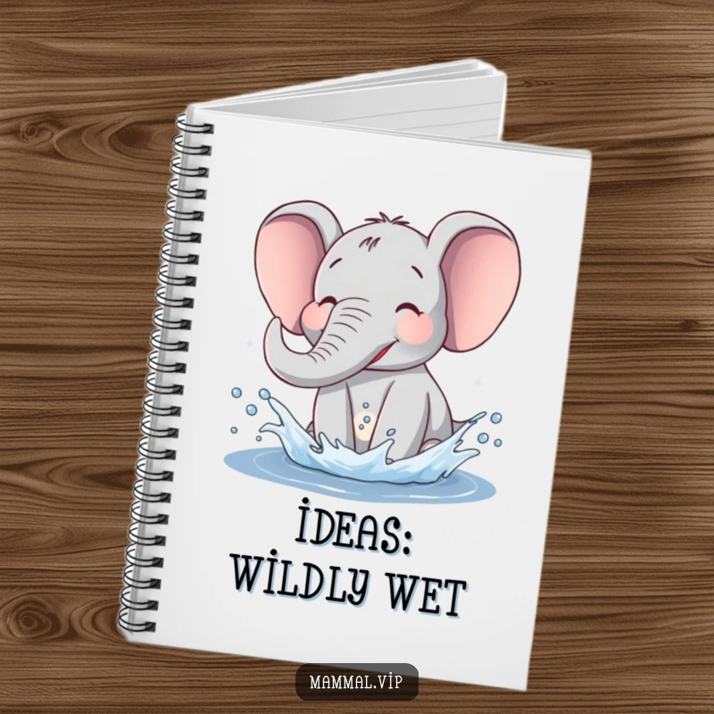 Funny Elephant Notebook with a happy elephant splashing water on the cover, perfect for notes and humorous inspiration.