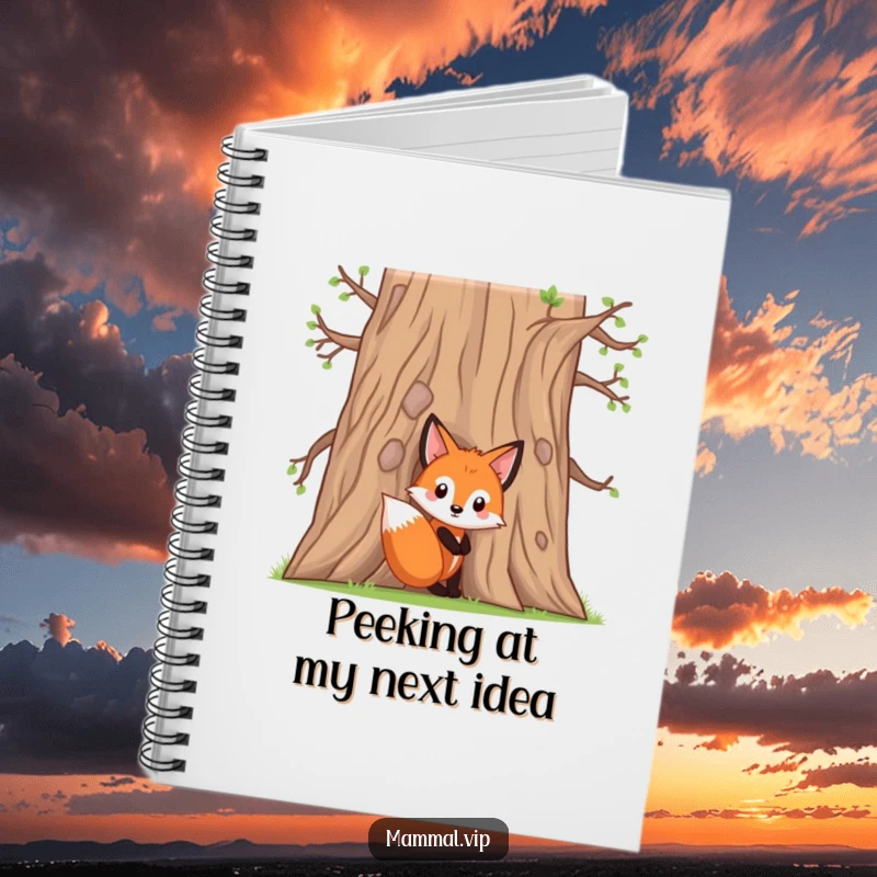 Funny fox kit notebook with a curious character peeking from behind an oak tree, perfect for journaling and creative endeavors.