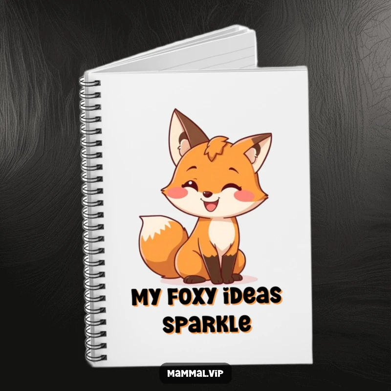 Funny notebook featuring a cute fox character with a wide grin, wiggling its bushy tail, perfect for jotting down playful ideas.