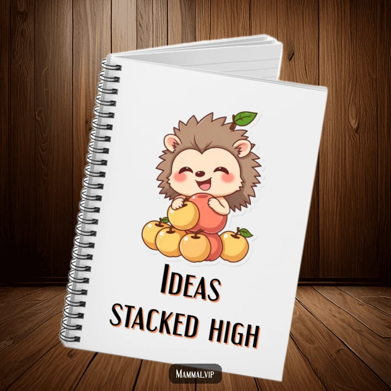 Funny hedgehog notebook featuring a grinning hedgehog balancing apples, perfect for jotting down thoughts with a touch of humor.