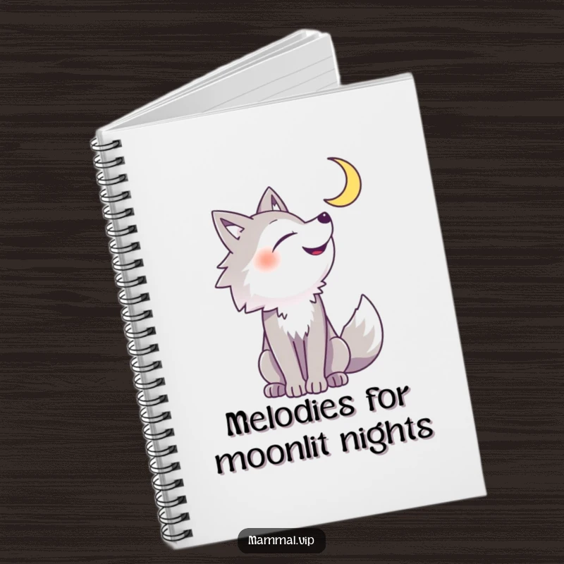 Funny wolf notebook with a cheerful wolf howling at a crescent moon, designed for jotting down funny ideas and wild inspirations.