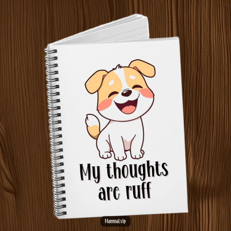 Funny dog notebook, a joyful cartoon dog with a wagging tail, barking happily, ready to capture your notes.