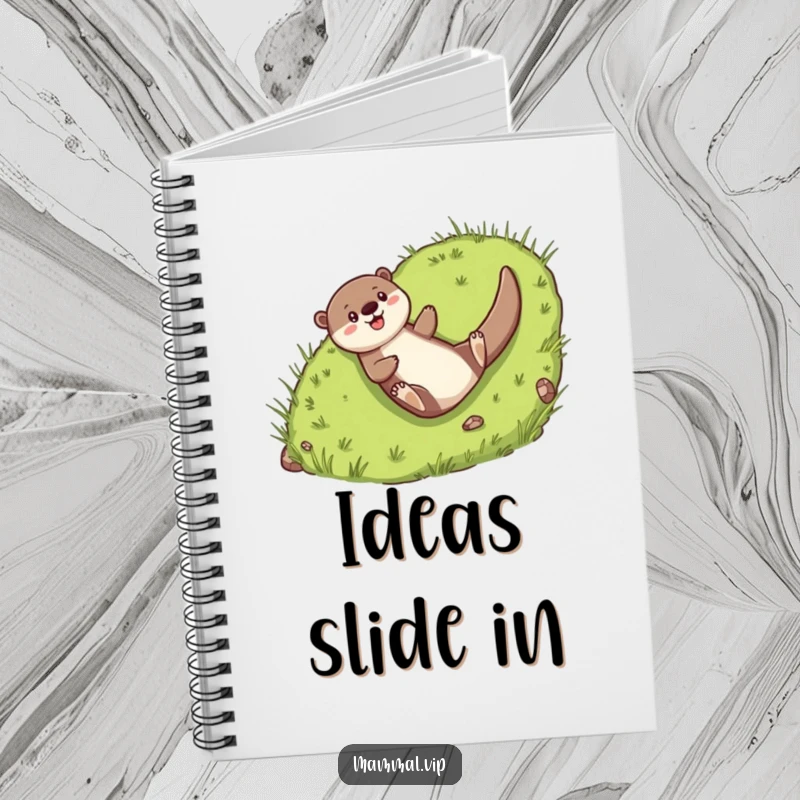 Funny Notebook: Cheerful otter character joyfully sliding down a grassy hill.