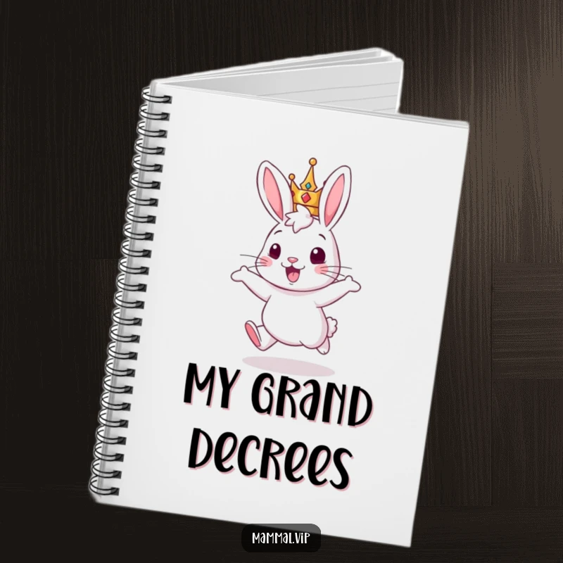 Funny notebook: a rabbit with a crown hopping enthusiastically, perfect for jotting down creative ideas.
