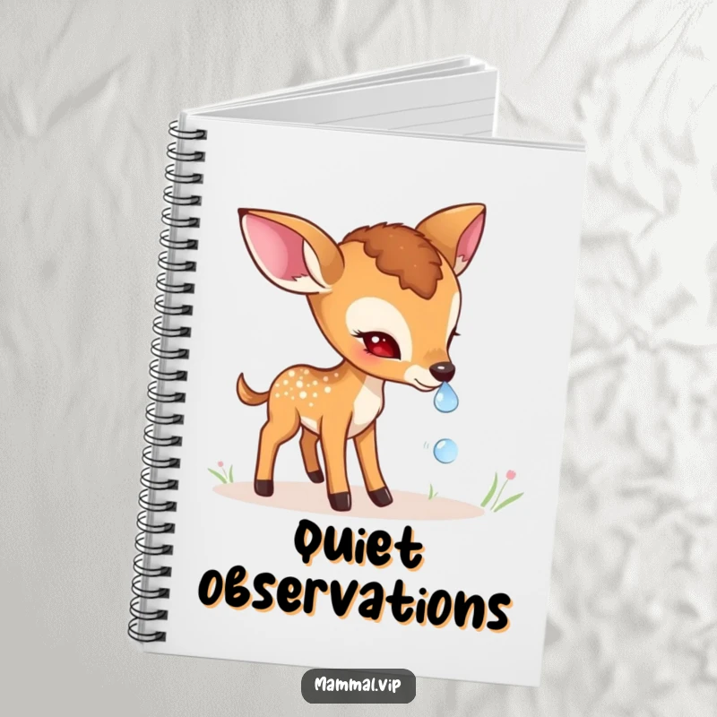Funny shy deer fawn notebook with a gentle character cautiously sniffing a dewdrop, ideal for writing, journaling, and nature-inspired notes.