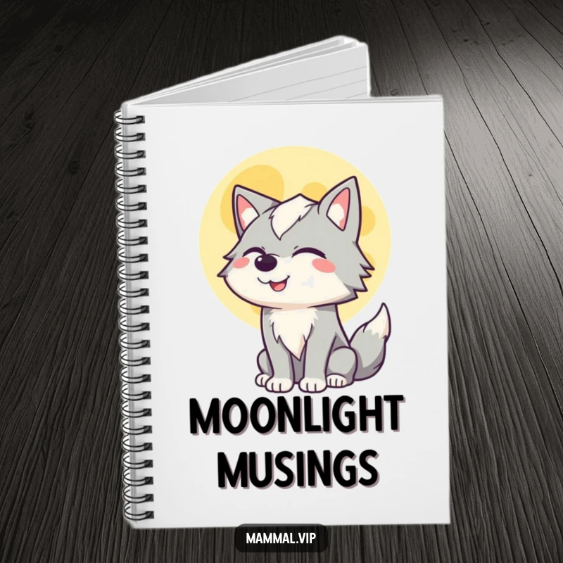 Funny notebook with a winking wolf howling at the moon, ideal for jotting down creative thoughts and imaginative ideas.