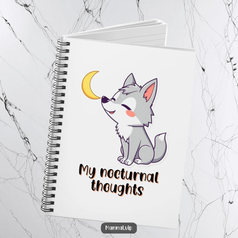 Funny Wolf Notebook: Goofy wolf character howls at a crescent moon, perfect for note-taking and creative journaling.