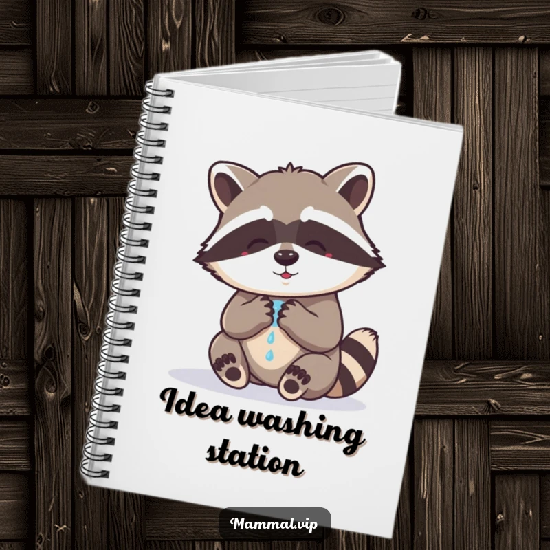 Funny raccoon notebook showing a cute raccoon character washing its paws, inspiring clean thoughts and humorous ideas for all your writing needs.