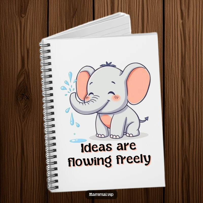 Funny Notebook with a grinning elephant character spraying water from its trunk, designed for jotting down notes with a spirit of fun and playful expression.