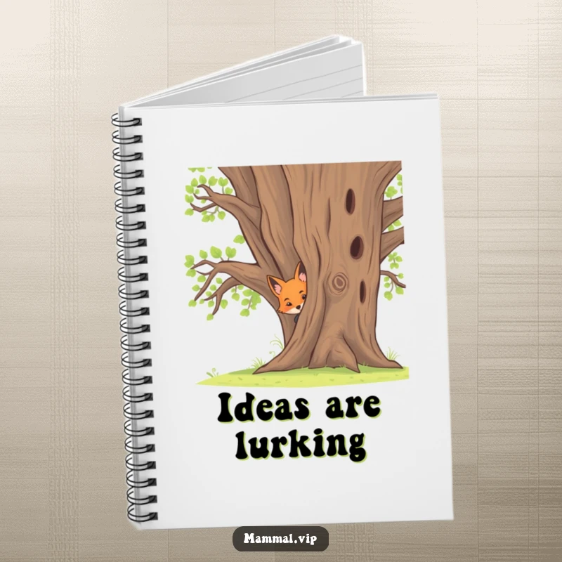 Funny notebook featuring a curious fox kit peeking from behind an oak tree, perfect for jotting down creative thoughts.