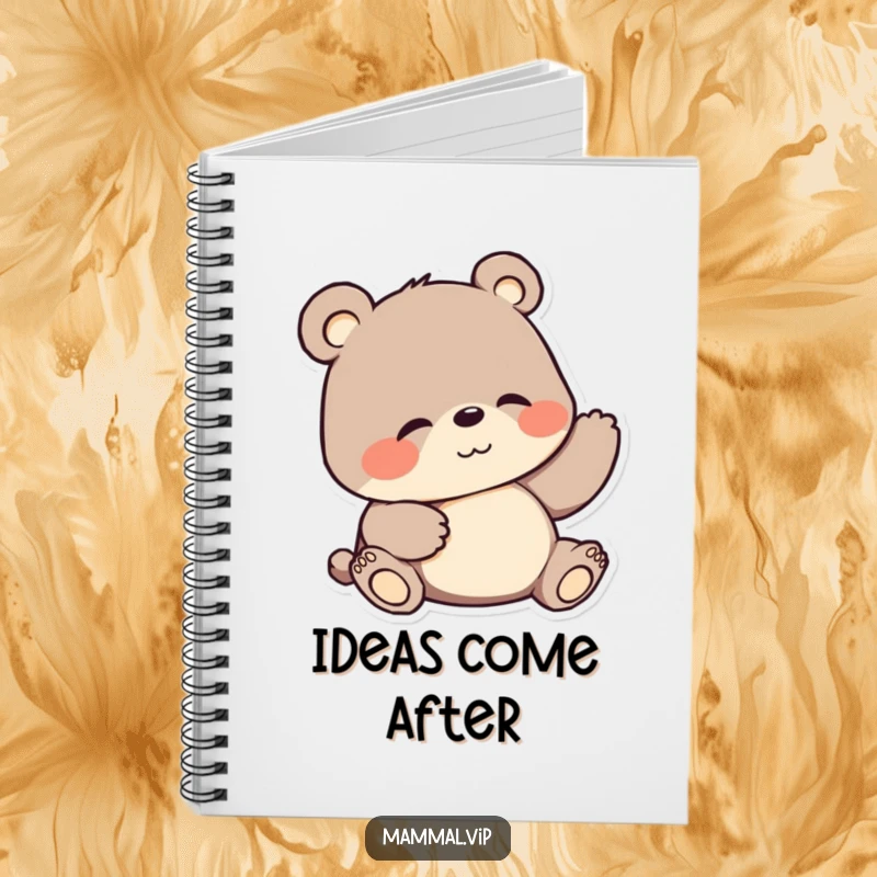 Funny notebook with a cartoon bear character blissfully scratching its belly, designed for jotting down notes and ideas.