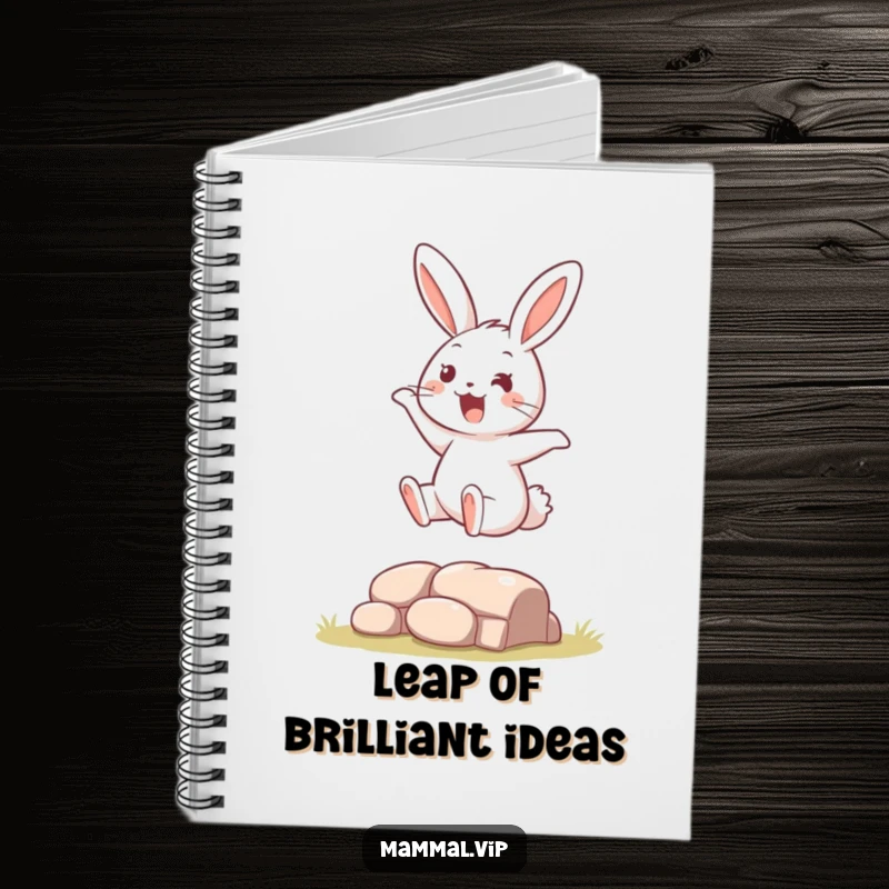 Funny Notebook with a cover illustration of a bouncy rabbit character joyfully leaping over a small obstacle, ready for notes.