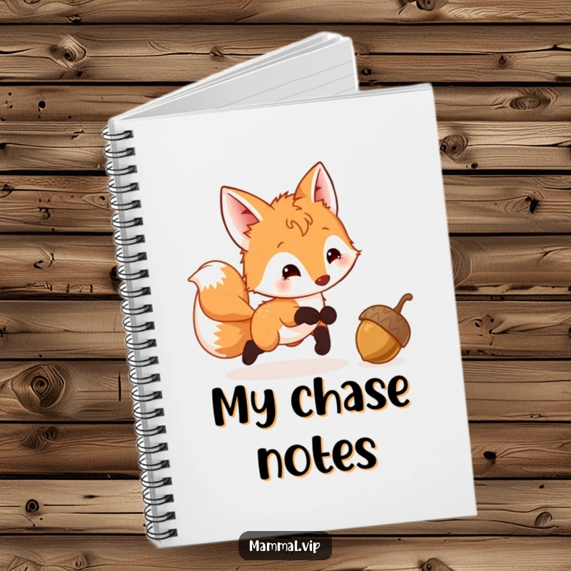 Funny Fox Cub Notebook featuring a playful cub chasing a bouncing acorn, designed for jotting down notes and sparking creativity.
