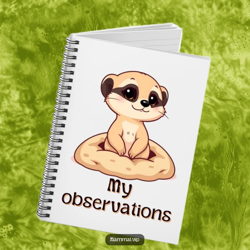Funny notebook cover with a curious meerkat character popping its head out from a tiny burrow, ideal for jotting down notes.