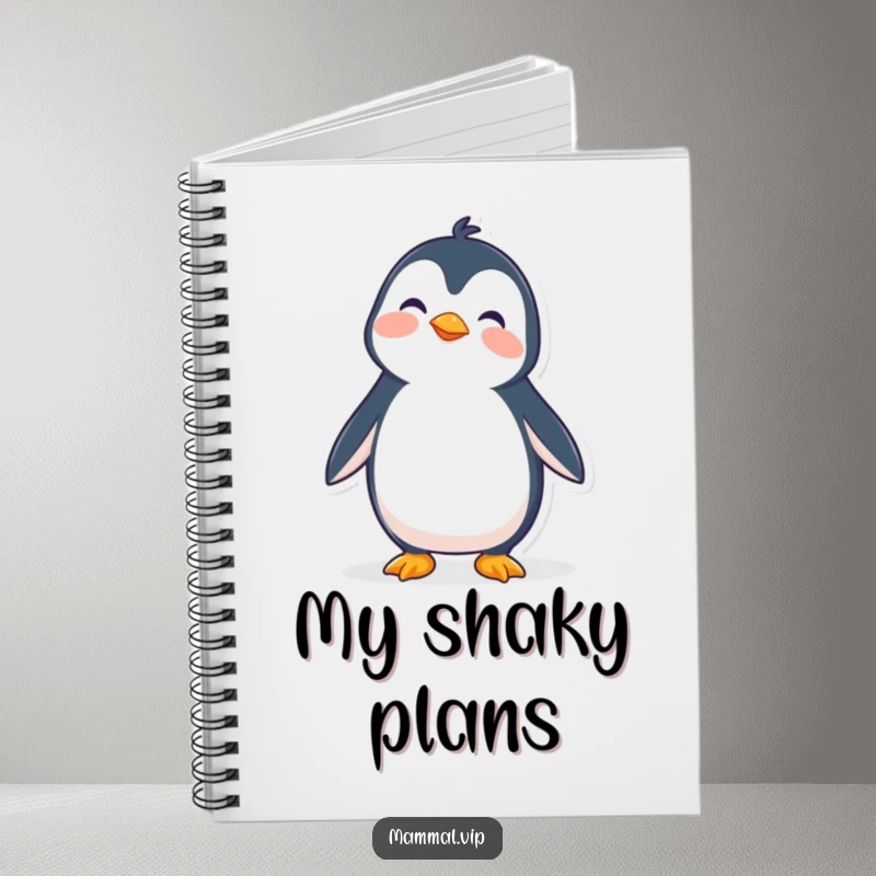 Funny notebook with a wobbly penguin character trying to stand, ideal for notes and capturing life's humorous moments.