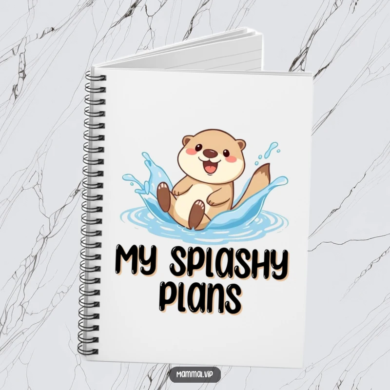 Funny happy otter character on a notebook, sliding down a water splash, ready for notes.
