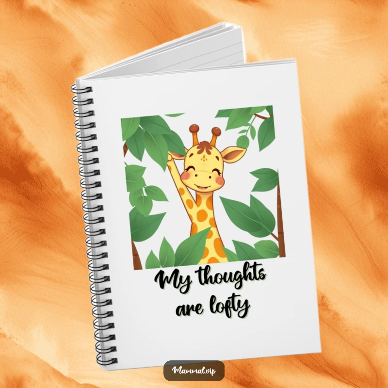 Funny Notebook with a joyful giraffe character reaching for high leaves, designed for jotting down notes with a spirit of ambition and cheerful pursuit.